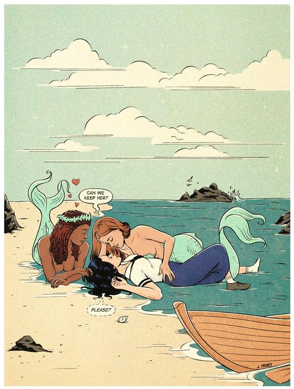 Polyamory illustrations - Adrift lesbian mermaids triad CREDIT Jenifer Prince